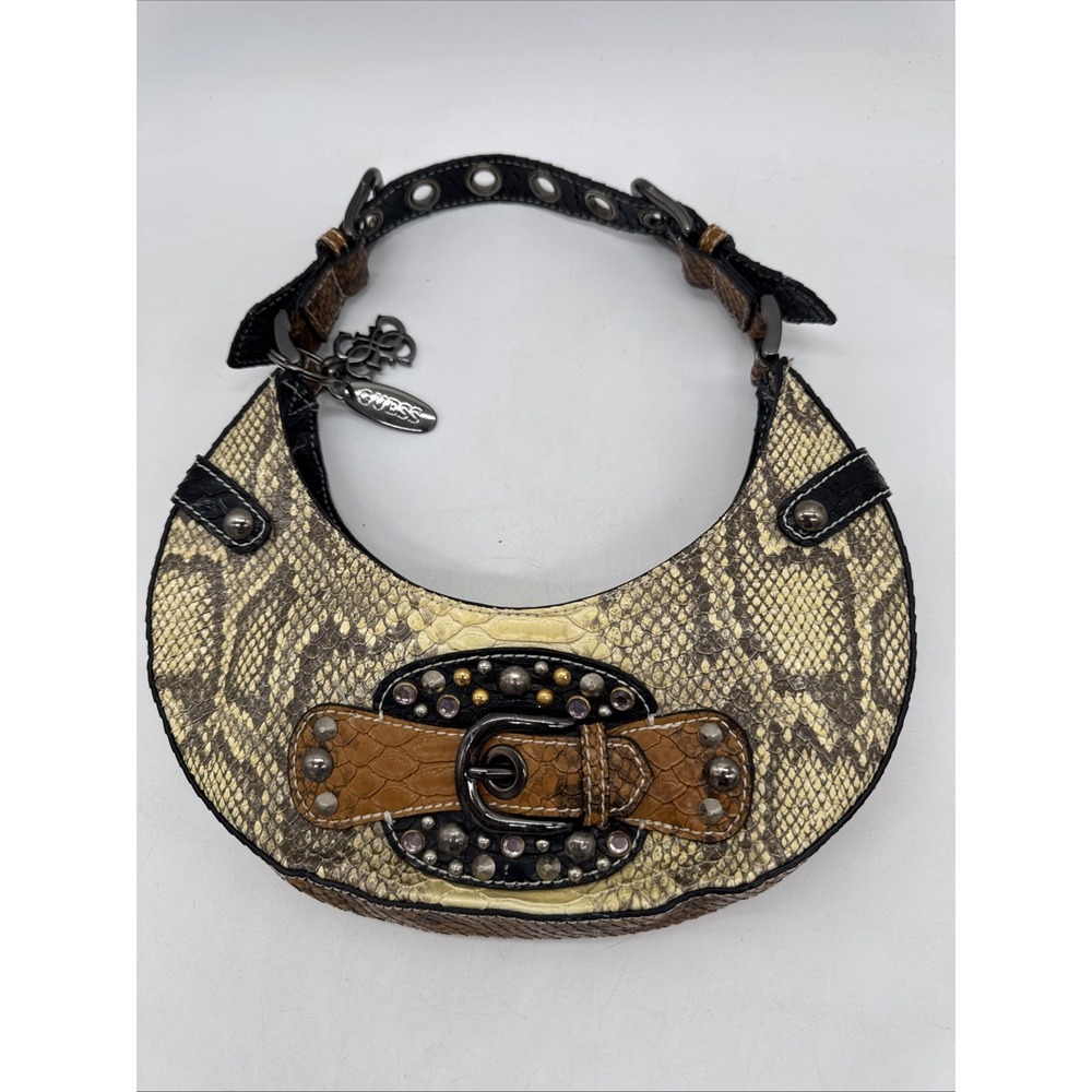 Vintage GUESS Y2K Beige Croc Embossed Shoulder Hobo Bag Studded Rhinestone